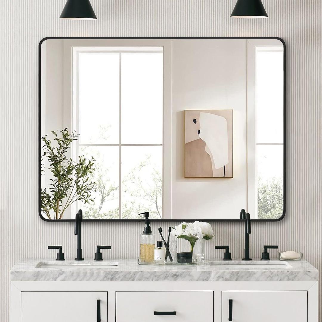 LEDLUX 36x48 Inch Matte Black Bathroom Mirror - Copper-Free Mirror, Metal Frame Vanity Rectangle Wall Mounted Modern Mirror for Bedroom/Living Room/Porch Horizontal or Vertical
