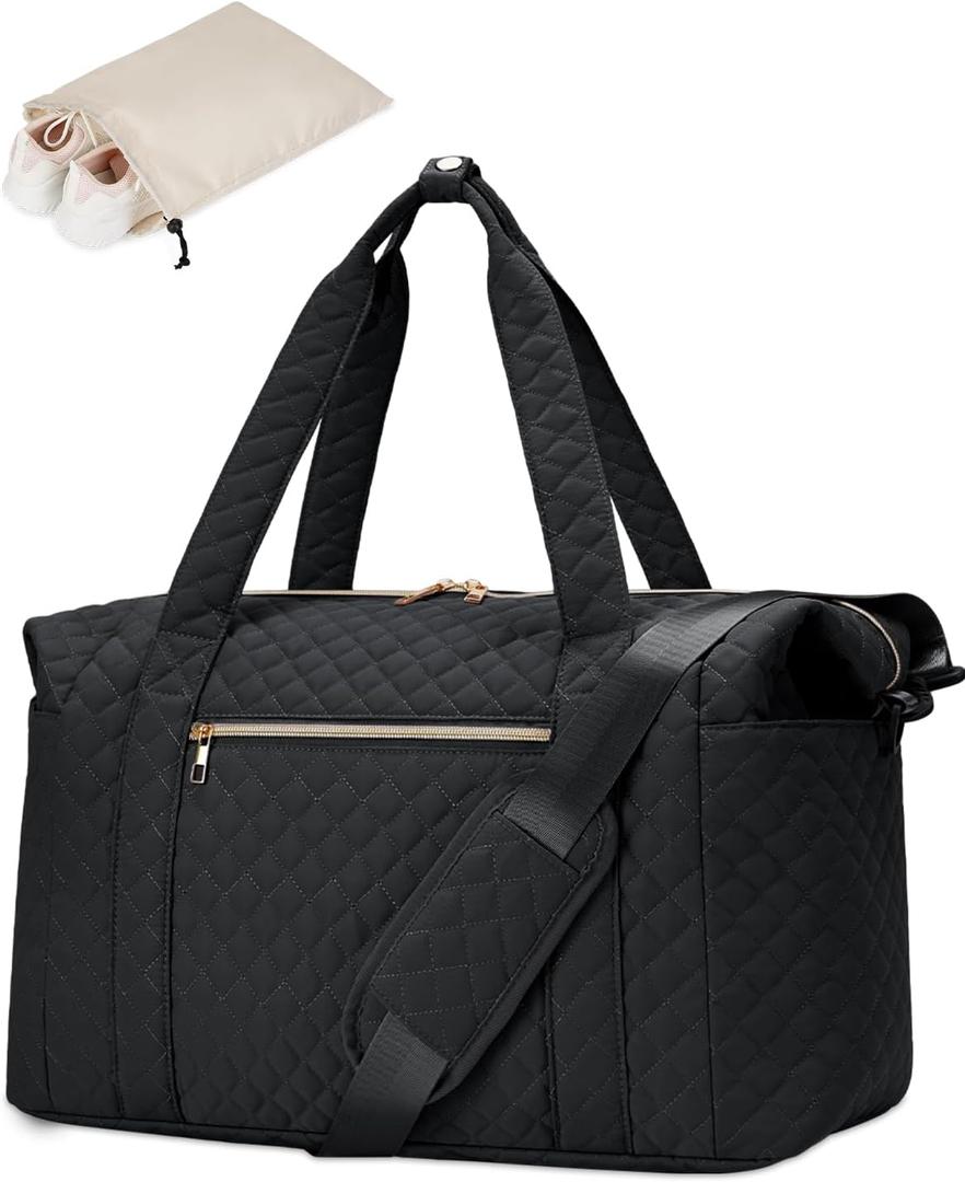 Ceneda Travel Duffle Bag - Quilted Weekender Overnight Bags For Women with Wet Pocket & Shoe Bag, Fits Airline Approved Personal Item Size (Black), 2 Bags