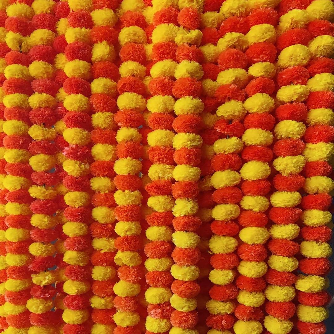 5 PC - 5 feet Marigold Garland |Indian/American Wedding Party Mantle Decoration, Faux Garlands Wedding Garland, Diwali Decoration, Spring Bush Floral! (Yellow & Dark Orange)