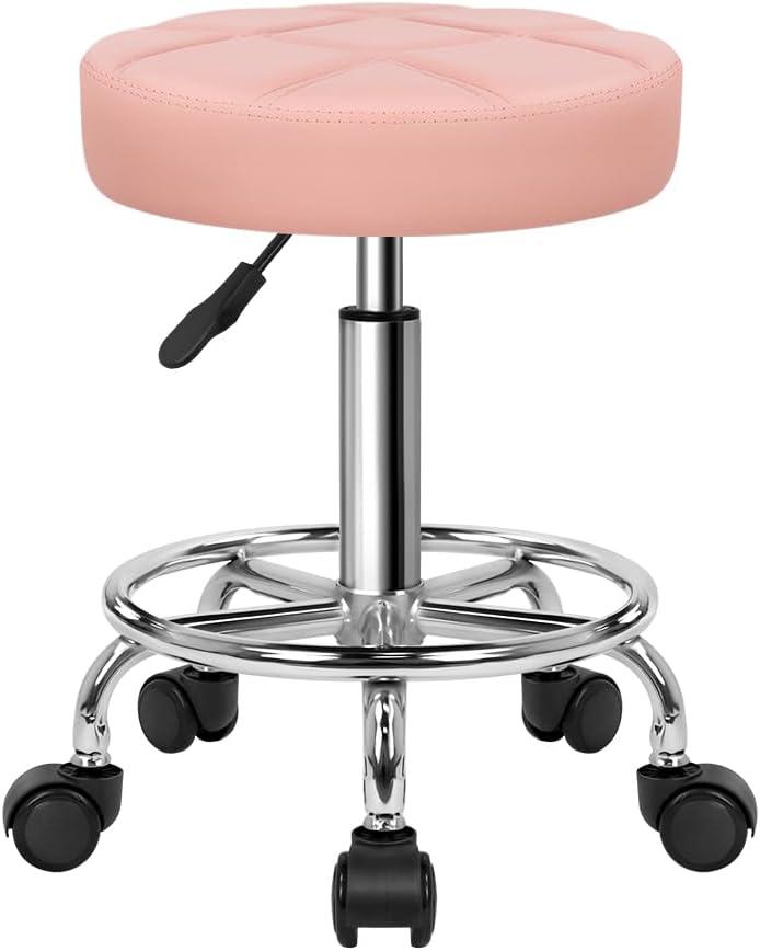 KKTONER Round Rolling Stool Chair PU Leather Height Adjustable Swivel Drafting Work SPA Shop Salon Stools with Wheels Office Chair Small (Pink)