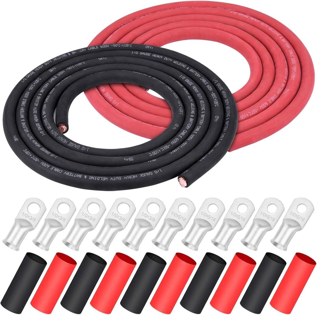 iGreely 1/0 AWG Gauge Wire,Flexible 10 Ft Black + 10 Ft Red Pure Copper Battery Welding Cable for Rv Solar, 5pcs of 5/16" & 5pcs 3/8" Copper Cable Lugs Terminal Connectors with Heat Shrink Tubing