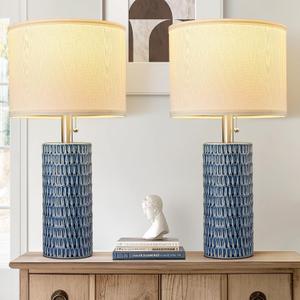 Reaketon Table Lamps for Living Room Set of 2, Ceramic Table Lamps for Bedroom, 20" Modern Lamps for Night Stands, Dark Blue