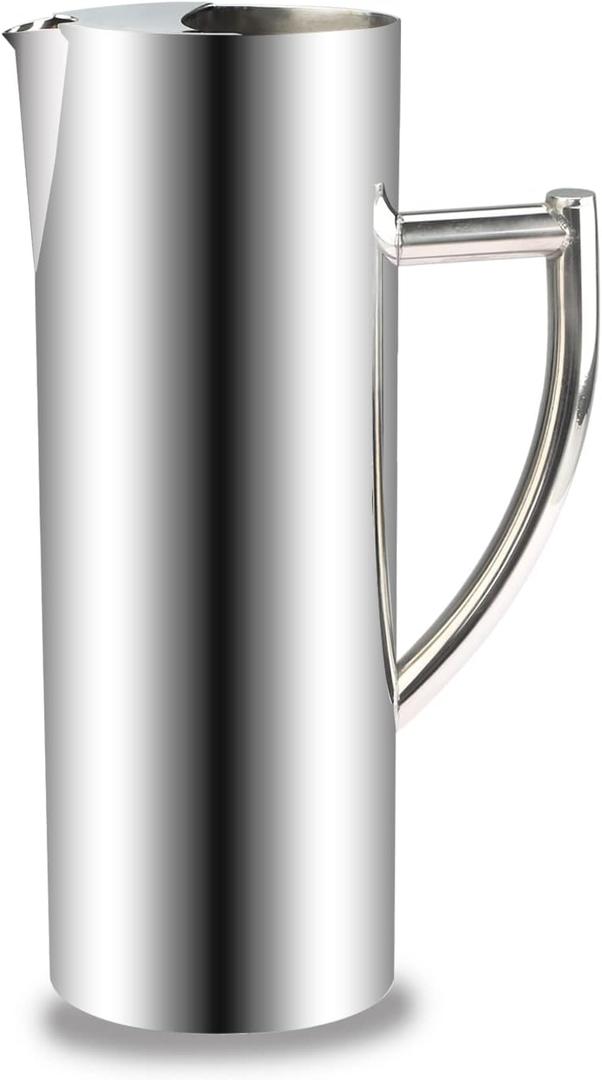 Stainless Steel Water Pitcher 47oz with Ice Guard Milk Carafe Frothing Cup Pitcher Jug with Handle Plated Modern Drink Carafe for Home Restaurant Bar by MUGLIO (Silver)