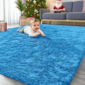 OLANLY 5x7 Machine Washable Large Area Rugs for Living Room, Bedroom, Soft Fluffy Shaggy Bedside Rug, Indoor Floor Carpet for Kids Girls and Boys, Dorms, Nursery, Home Decor Aesthetic, Bright Blue