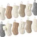 Farmhouse Knitted Mini Christmas Stockings: 12 Pack 7 Inch Cable Knit Fireplace Stockings, Rustic Cozy Hanging Xmas Stockings Decorations for Indoor Family Holiday Decor Dcor, White Grey Light Brown