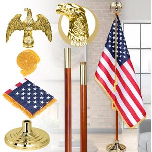 XIFAN Deluxe 7 FT Indoor American Flag and Pole Set - Solid Oak Pole, Metal Eagle Topper, Gold Fringed US Flag, Base Stand, Cord Tassel, for Lobby, Office, Auditorium, Conference Room - 7.6 FT Total