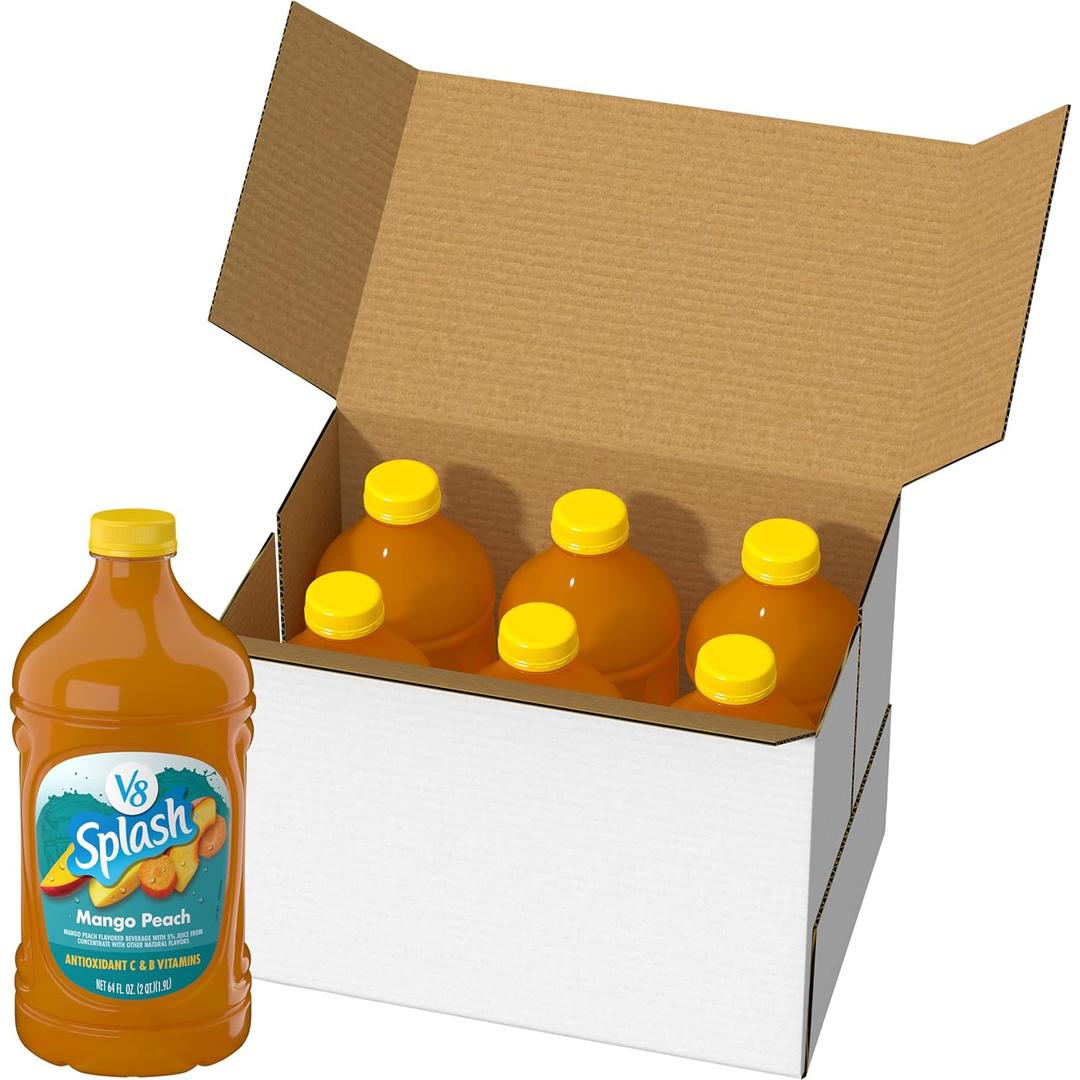 V8 Splash Mango Peach Flavored Beverage, 64 fl oz Bottle (6 Pack) (EXP 10/28/26)