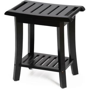 Bamboo Shower Bench Inside Shower Stool with Storage Shelf, Spa Bath Chair for Bathroom, Seat or Organizer for Living Room, Bedroom and Garden - Great for All Ages Unisex Elderly (Small, Black) (Small 16x10x17 Inch)