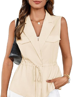 GRACE KARIN Women's Sleeveless Wrap Vest Tops Casual V Neck Peplum Dressy Blouse Drawstring Cardigan Outerwear Shirts (2XL, Beige)
