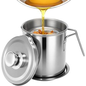 Bacon Grease Container with Fine Mesh Strainer,2.0L/68oz Stainless Steel Bacon Grease Keeper with Lid and Tray,Large Cooking Oil Storage Can for Frying Oil, Lard, Dishwasher Safe