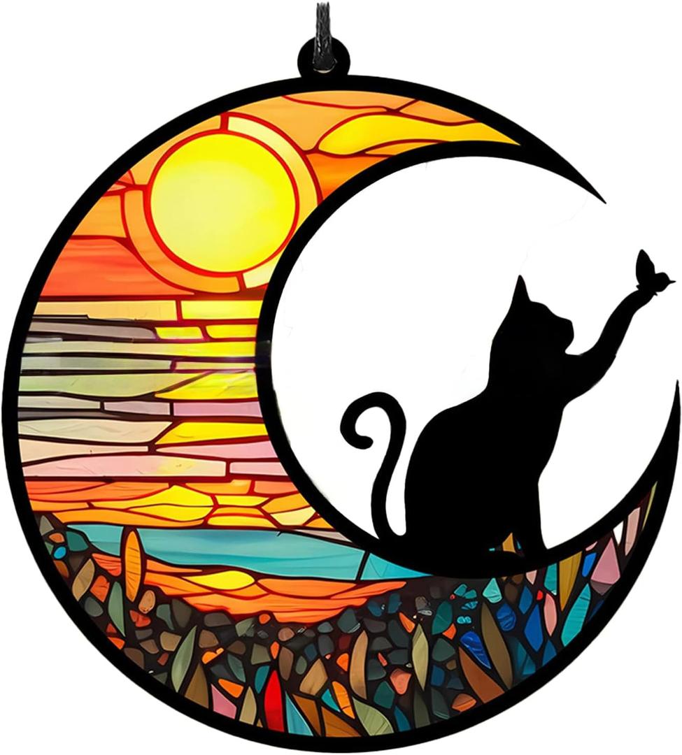 Black Cat on Moon Stained Acrylic Window Hanging, Handcrafted Rainbow Suncatchers for Wall Kitchen Living Room Office, Suncatcher Decoration Gifts for Cat Lover Women Christmas, 6.4 inch