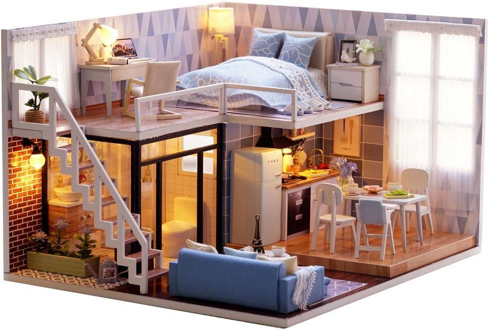 MAGQOO 3D Wooden Dollhouse Miniature DIY House Kit with Furniture,1:24 DIY Dollhouse Kit Dust Proof Included (Blue Times)