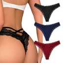 Avidlove Women's Panties Sexy Lace Underwear Criss Cross Back Thong Breathable Tanga Bikini Panties 3 Packs-2, S