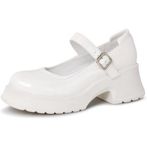 Women's Mary Janes Platform Chunky Block Heels Work Wedding Shoes Ankle Strap Gothic Lolita Oxfords Classic Comfortable Uniform Dress Shoes (7, White)
