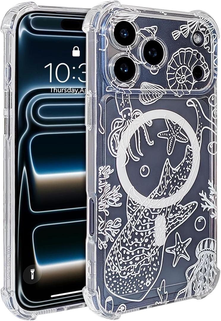for iPhone 17 Pro Case Clear Magnetic, Compatible with MagSafe, Ocean Marine Animals Pattern, Slim Shockproof Camera Lens Protection Phone Case for Women Men 6.3" - White