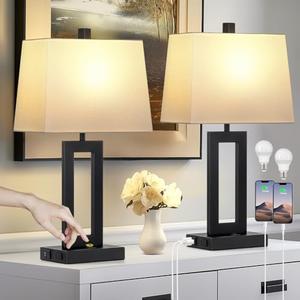 Cinkeda Table Lamp Set of 2 with USB C+A Ports & AC Outlet, Bedside Lamps, Modern Bedroom Lamps, Black Lamps for Bedroom Living Room,Nightstand Lamp（Push Button Swich/NO dimming