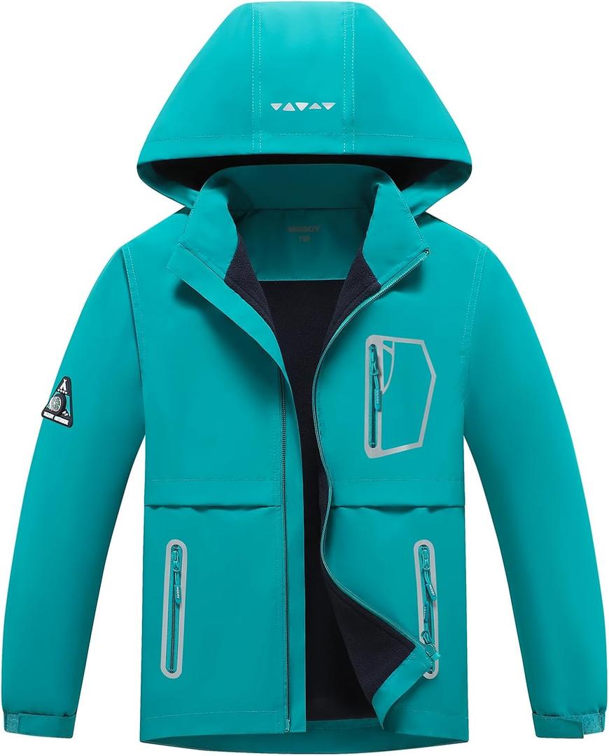 MGEOY Boys Girls Rain Jacket Lightweight Waterproof Hooded Fleece Lined Raincoat Windbreakers for Kids (12-14 Years, Solid Green(lining:fleece))