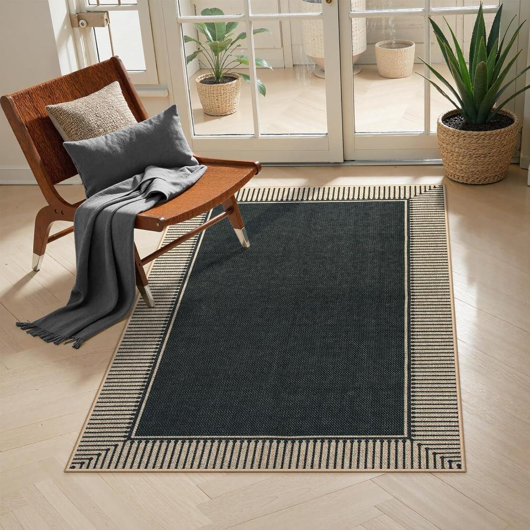 Moynesa Striped Border Easy Jute Outdoor Patio Rug 3x5, Washable Entryway Rug Non Slip with Rubber Backing, Farmhouse Modern Carpet for Backyard Bedroom Living Room Kitchen, Black