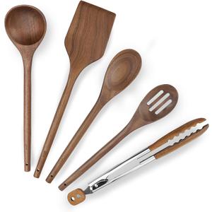Elegant 5-Piece Walnut Wood Kitchen Utensil Set  Non-Scratch, Heat-Resistant Cooking Utensil Set with Kitchen Tongs, Spoons, Spatula & Ladle  Lightweight, Durable & Perfect for Daily Use or Gifting