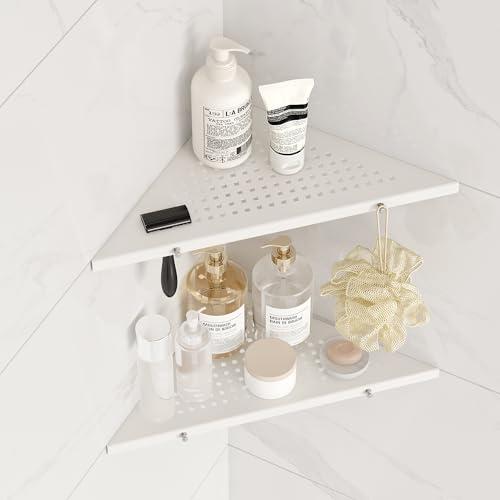 Qeke 10" Bathroom Corner Shelf, 2 Pack Recessed Shower Shelf Caddy, SUS304 Stainless Steel Shelf Wall Mount Triangular, No Drilling Matte White