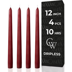 CANDWAX 12 inch Burgundy Taper Candle Pack of 4 - Unscented Smokeless Dripless Candlesticks - Candle Sticks for Party Dcor, Christmas Home Decor, Dinner Table Centerpieces - Christmas Taper Candles