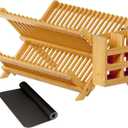 Greenual Bamboo Dish Drying Rack with Utensil Holder, 2 Tier Collapsible Dish Rack, Wooden Dish Racks for Kitchen Counter, Folding Drying Holder with Absorbent Dish Drying Mat (Natural)