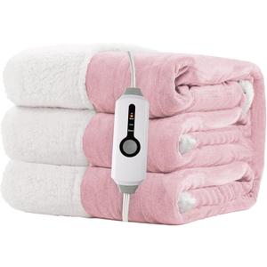 Electric Heated Blanket Throw Size 50"x60" - Dual-Sided with Microplush & Sherpa Fabric, 4 Heat Settings & 3 Hours Auto Off, Machine Washable - Pale Pink