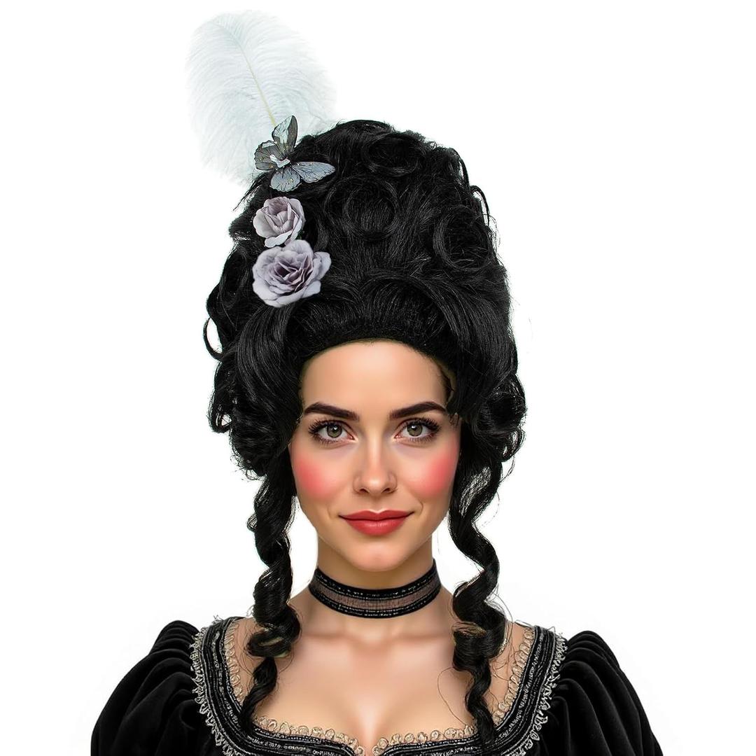 R REEWES FASHION HAIR Beehive Wig Victorian Style Black Short Curly Wig with White Feather, Rose and Butterfly Accessories Queen Cosplay Halloween Costume Wigs For Women