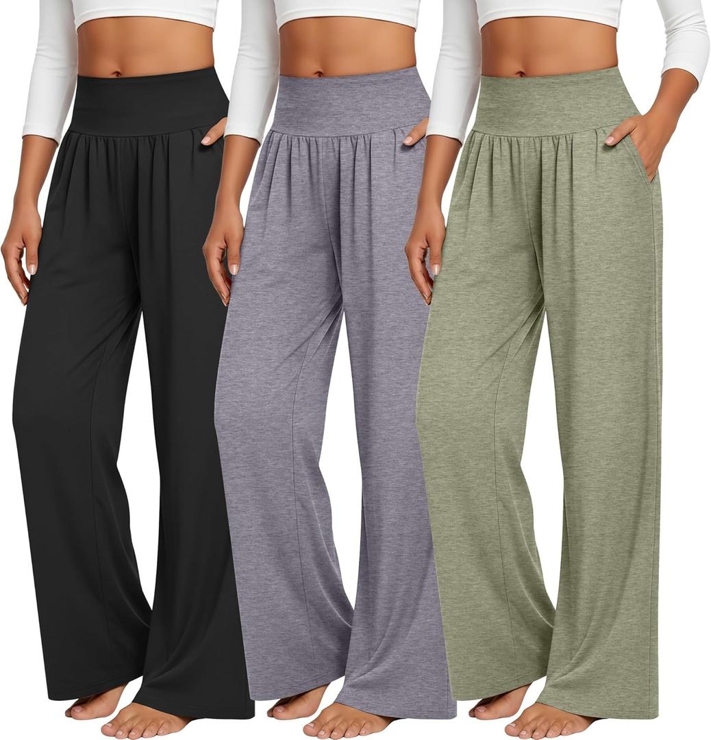 3 Pcs Women's Wide Leg Yoga Pant Comfy Loose Sweatpants High Waist Lounge Casual Athletic Pant Workout Joggers Pant (Pea Green, Smoky Gray, Black, XX-Large)