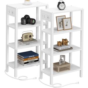 TUTOTAK Narrow Side Table with Charging Station, Small End Table with USB Ports and Outlets, Skinny Sofa Table, Slim Nightstand, Living Room, Bed Room, White TB01BW0802 (4-Tier7.9"D x 15.8"W x 28.8"H)