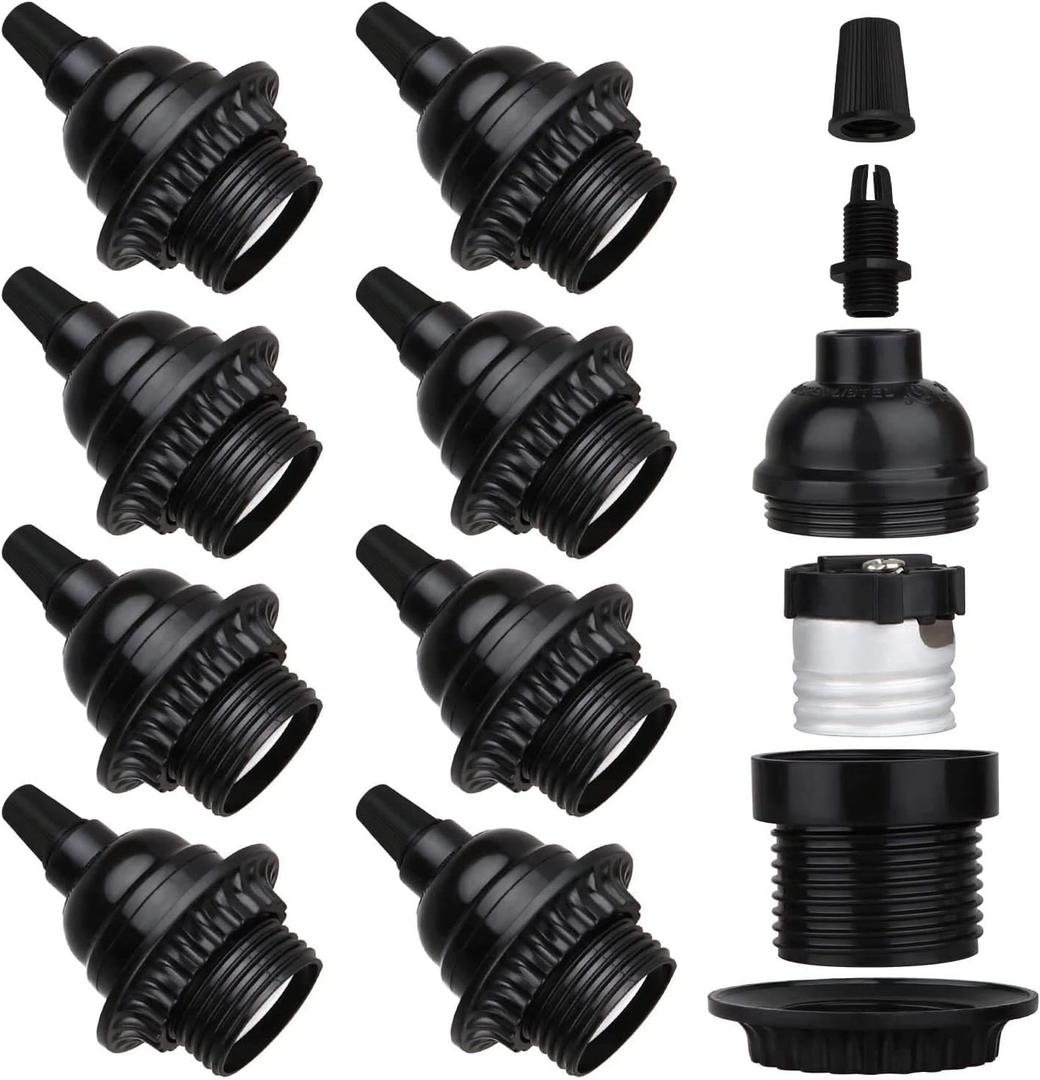8 Pack E26 E27 Light Sockets, Black Medium Screw Base with Shade Ring, Retro Period Style Edison Lamp Holder, Replacement DIY Making Light Bulb Socket Cover Pendant Lamp Holder Keyless Lamp