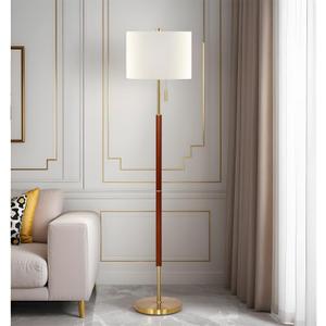 62" Walnut Gold Floor Lamp for Living Room, 1200LM 3-Way Dimmable Mid Century Modern Floor Lamp for Bedroom Office, Wood Vintage Standing Lamp Linen Shade, LED Bulb Included