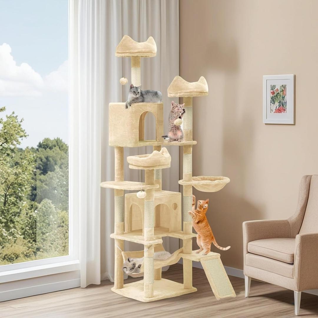 YITAHOME 75-Inch Tall Cat Tree Indoor: Multi-Level Kitten Tower with Kitty Condos, Top Perches, Sisal Ramp, Scratching Posts & Cozy Basket Hammocks Pet Play House Beige YITAHOME 75-Inch Tall Cat Tree Indoor: Multi-Level Kitten Tower with Kitty Condos, Top Perches, Sisal Ramp, Scratching Posts & Cozy Basket Hammocks Pet Play House Beige
