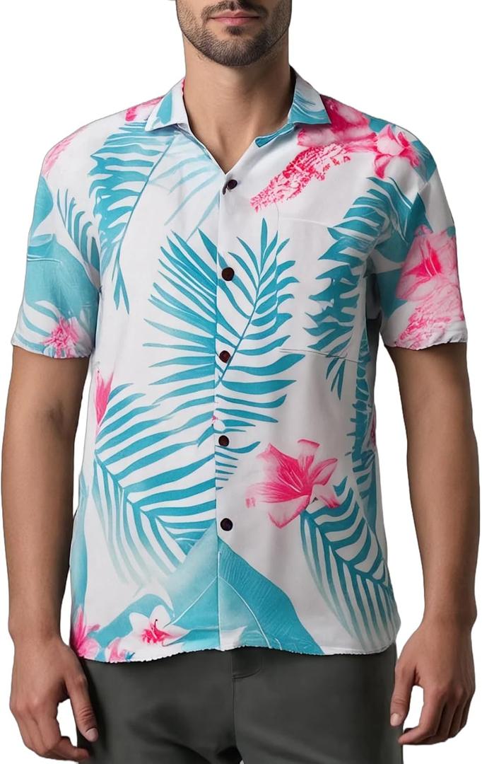 Hawaiian Shirt Casual Coconut Shell Button Down Short Sleeve Front Pocket Men Unisex Summer Beach Tropical Floral (Medium, Palm Leaf White)