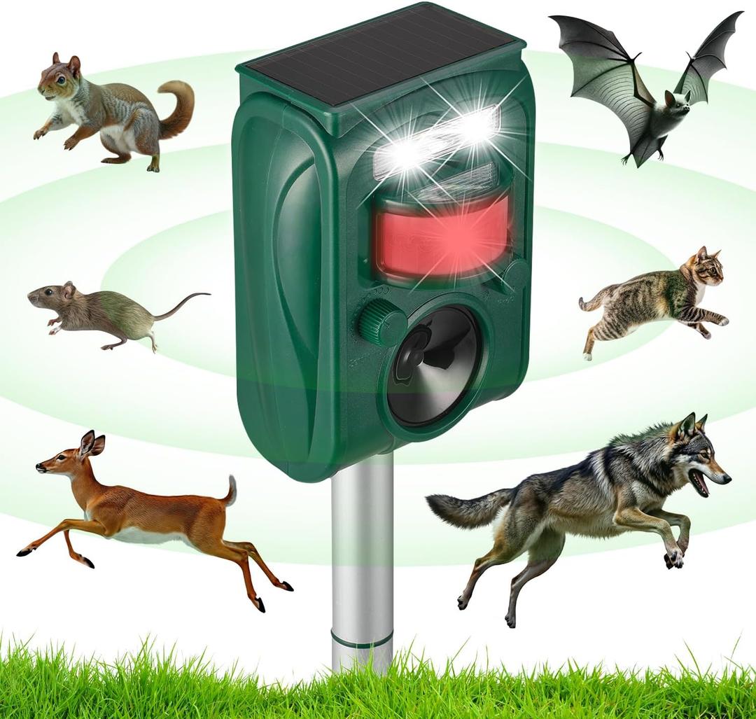 Solar Ultrasonic Animal Repellent Outdoor, Squirrel Deer Repellent Devices Motion Detection,IP65 Waterproof Cat Mouse Raccoon Dog Bird Repellent Deterrent