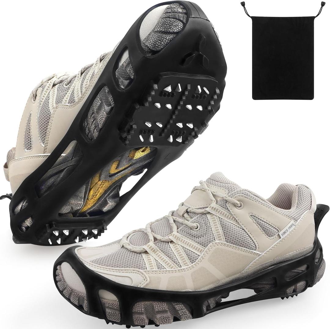 FUSIGO Ice Cleats for Shoes and Boots Crampons Snow Traction Cleats for Walking on Snow and Ice Non-Slip Ice Shoe Grippers Men Women Kids Stretch Rubber Ice Cleats, 24 Studs (Large (7.5-10 men/9-11 women))