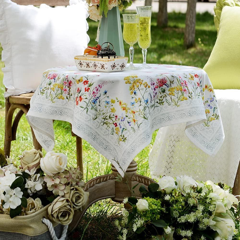 ARTABLE Square Spring Summer Tablecloth Printed Flower Vintage Floral Table Cloth for Easter Picnic Outdoor Home Holiday Long Dining Kitchen (Yellow and Pink Flowers, 33 x 33 Inch)