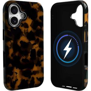 NITITOP Compatible with iPhone 16 Plus Case Magnetic Compatible with MagSafe Cute Leopard Amber Aesthetic Tortoise Design for Women Men Girls Soft TPU Shockproof Protective Cover - Black
