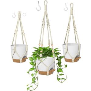Macrame Plant Hangers for Indoor and Outdoor Use, Set of 3 Hanging Plant Pots Holders with Hooks, Ivory Cotton Rope, Tassel-Free, Fits 6" to 10" Pots, Rope Lengths 35", 26", 20", (No Pots Included)