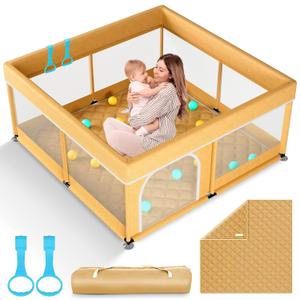 Omzer Baby Playpen with Mat 50x50inch: Large Playpen for Babies and Toddlers Indoor Safety Play Pen with Soft Breathable Mesh - All-Wrapped Sponge Sturdy Play Yard with Stable Mat Magic Sticker Beige