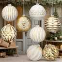 Yunlly 8 Pcs 6 Inch Large Farmhouse Rustic Christmas Ball Ornaments Set White and Gold Vintage Christmas Tree Ornaments Hanging Plastic Neutral Farmhouse Distressed Tree Decoration for Xmas Home Decor