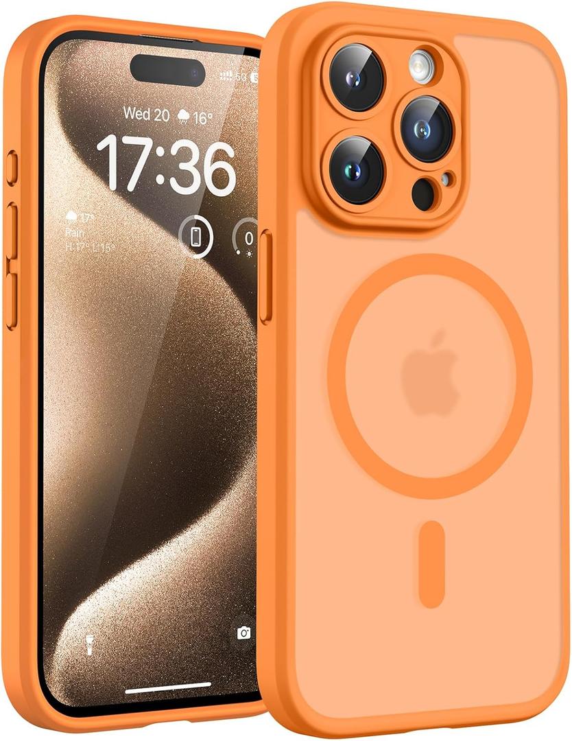 TOCOL Magnetic for iPhone 15 Pro Case, Upgraded Full Camera Protection, Compatible with Magsafe, Drop Protection, Translucent Matte Back Phone Cover 6.1 inch (Orange)