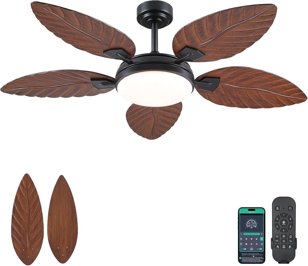 PHORUS 52 Inch Tropical Ceiling Fans with Lights and Remote,Outdoor Palm Leaf Ceiling Fan for Patios Porch Bedroom, Dimmable, 6 Speeds, Reversible, Dark Brown