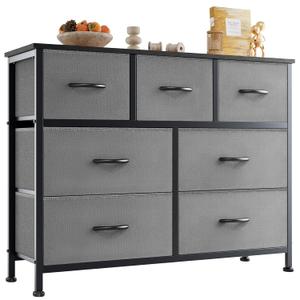 NEWBULIG Dresser for Bedroom, Grey Dresser and TV Stand with 7 Storage Drawers, Dressers & Chests of Drawers with Fabric Bins, Sturdy Metal Frame, Wood Tabletop for Closet, Clothes Organizer (11.9"D x 31.5"W x 39.4"H (7 Drawers))