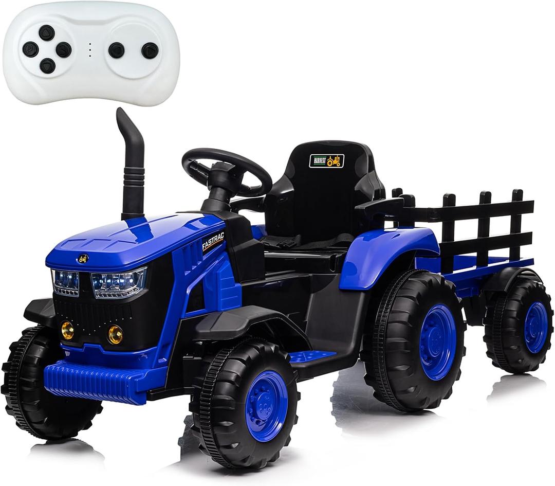 Kids Ride on Tractor with Remote Control, 12V Battery Powered Electric Tractor and 35W Dual Motors for Kids Bluetooth Music/USB, 3-Gear-Shift, Safety Belt, 7-LED Lights, Blue (Normal)