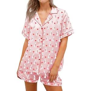 RUEWEY Women Easter Pajamas Set Bow/Rabbit Print Button T-Shirt and Elastic Shorts for Loungewear Soft Sleepwear (Medium)