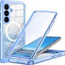 Hekodonk for Samsung Galaxy S25 Case Glitter,Compatible with MagSafe[Built-in Tempered Glass Screen Protector & Camera Lens Protection] Full Body Shockproof Protective Bling Phone Case,Blue
