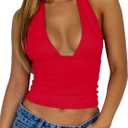 ForeFair Women Sexy Halter Deep V Neck Backless Crop Tank Top Open Back Sleeveless Slim Fit Y2k Summer Tops (Red, L)
