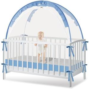 Crib Tent to Keep Baby from Climbing Out - Crib Net to Keep Baby in - Pop Up Breathable Cribs Cover - Canopy with Upgrade Strong Mesh and Durable Zipper (Blue, Lager)