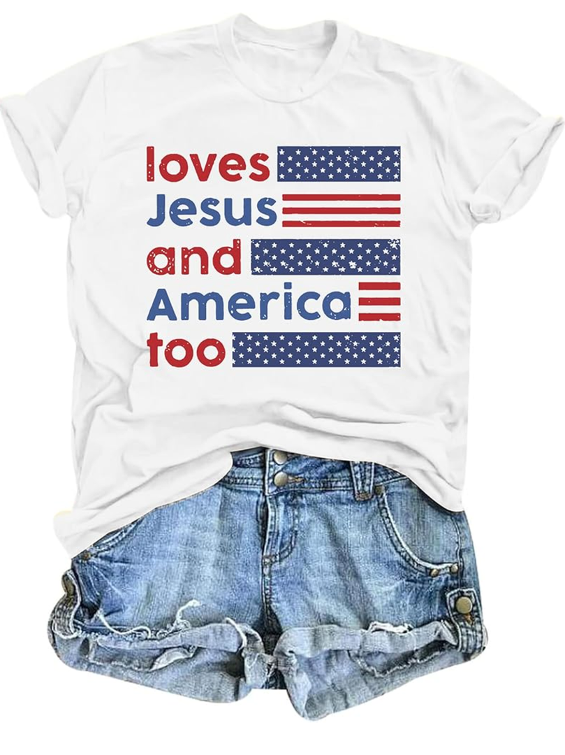American Flag Shirts Women 4th of July Shirt Loves Jesus and America Too Tshirt Patriotic Short Sleeve Tops,L